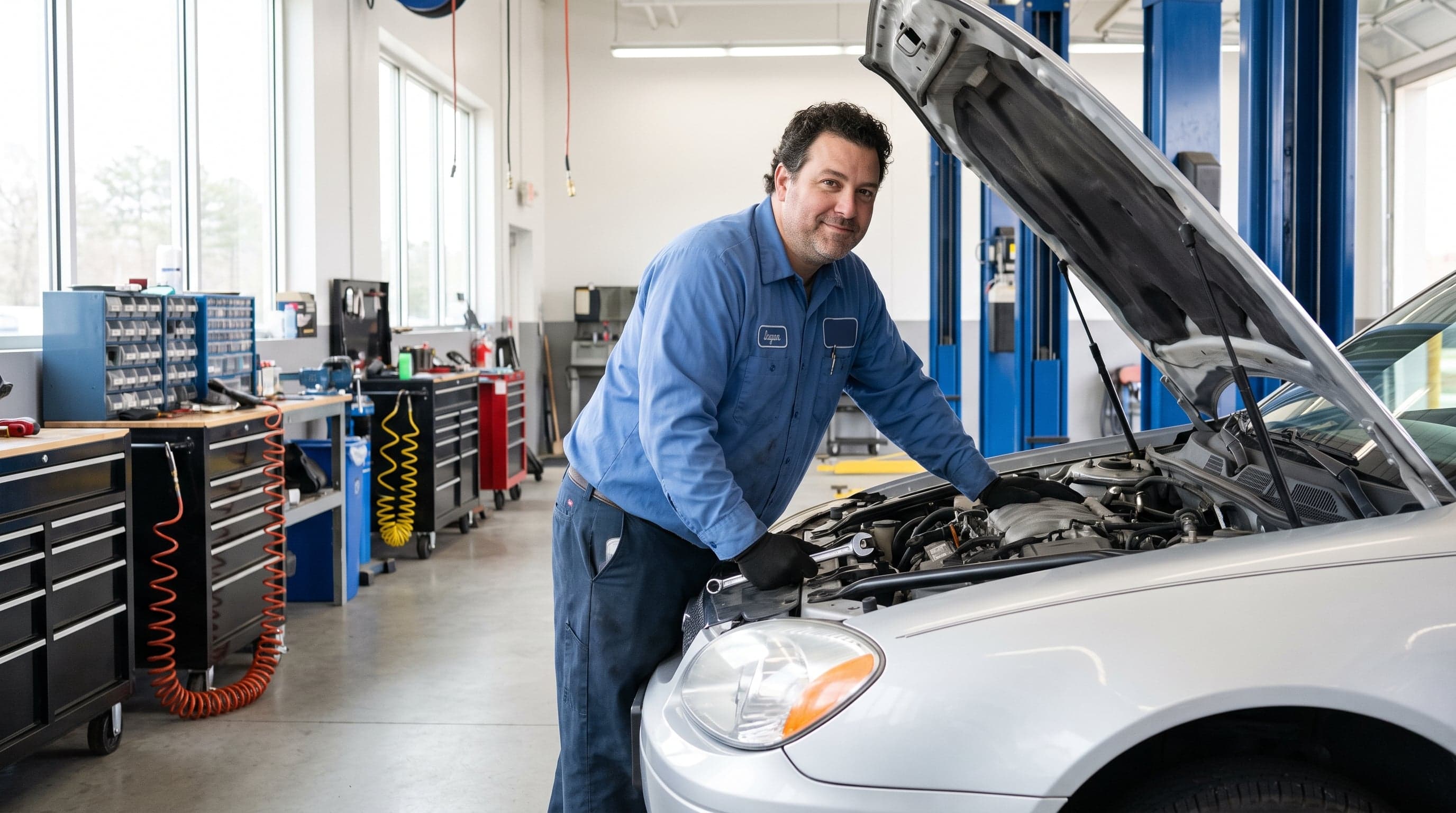 Mechanic working on a car in a repair shop