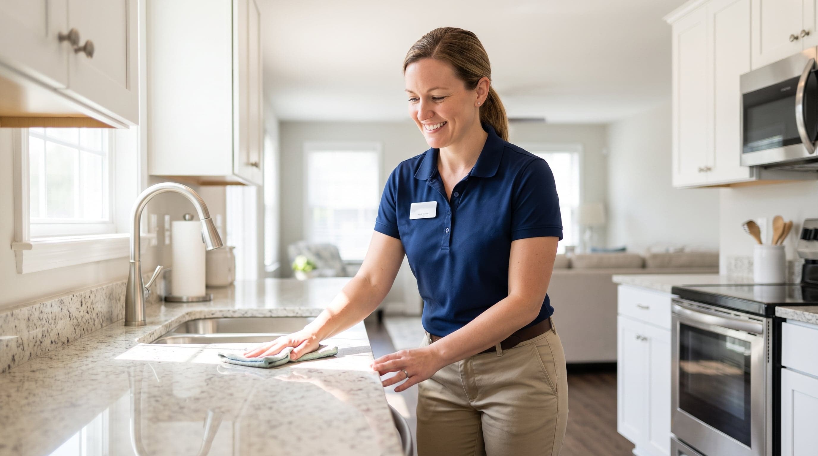 Cleaner wiping down a kitchen counter in a bright home