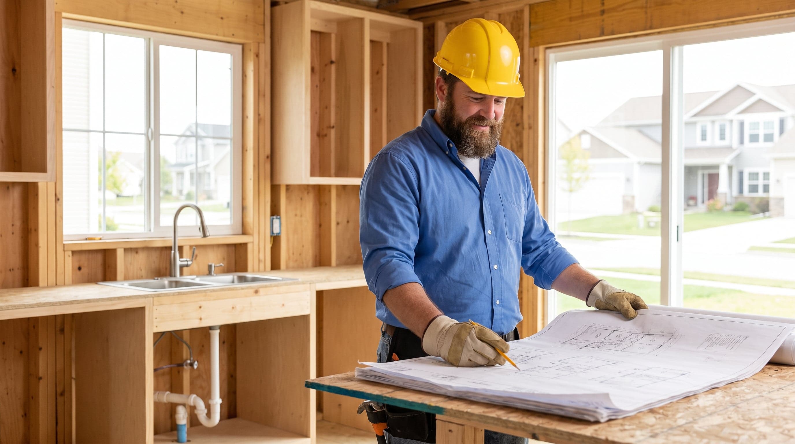 Contractor reviewing plans on a residential job site