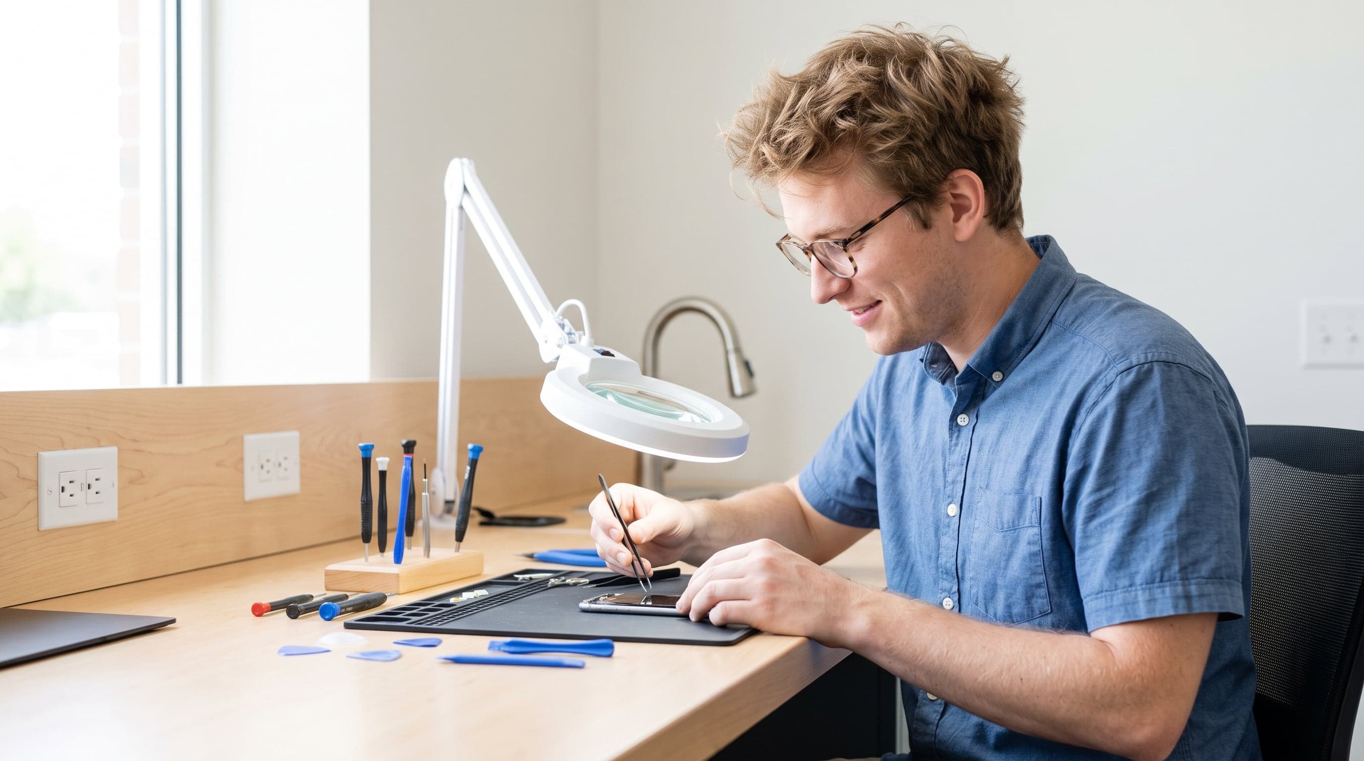 Technician repairing a smartphone at a workbench
