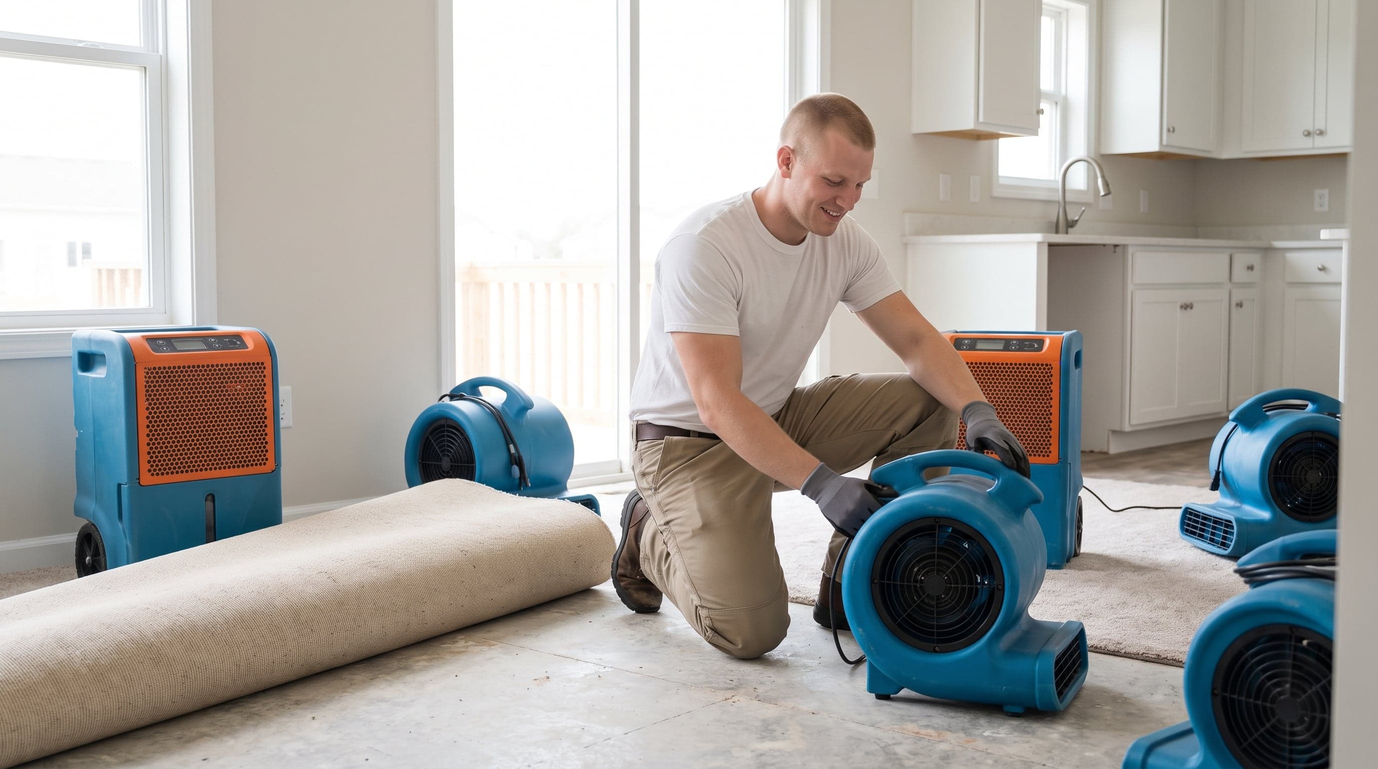 Restoration crew drying a water-damaged room with fans