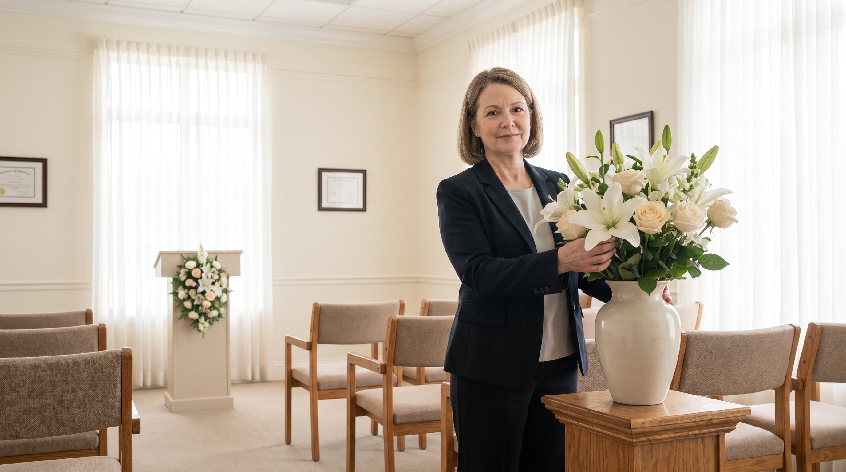 Calm, softly lit funeral home reception room