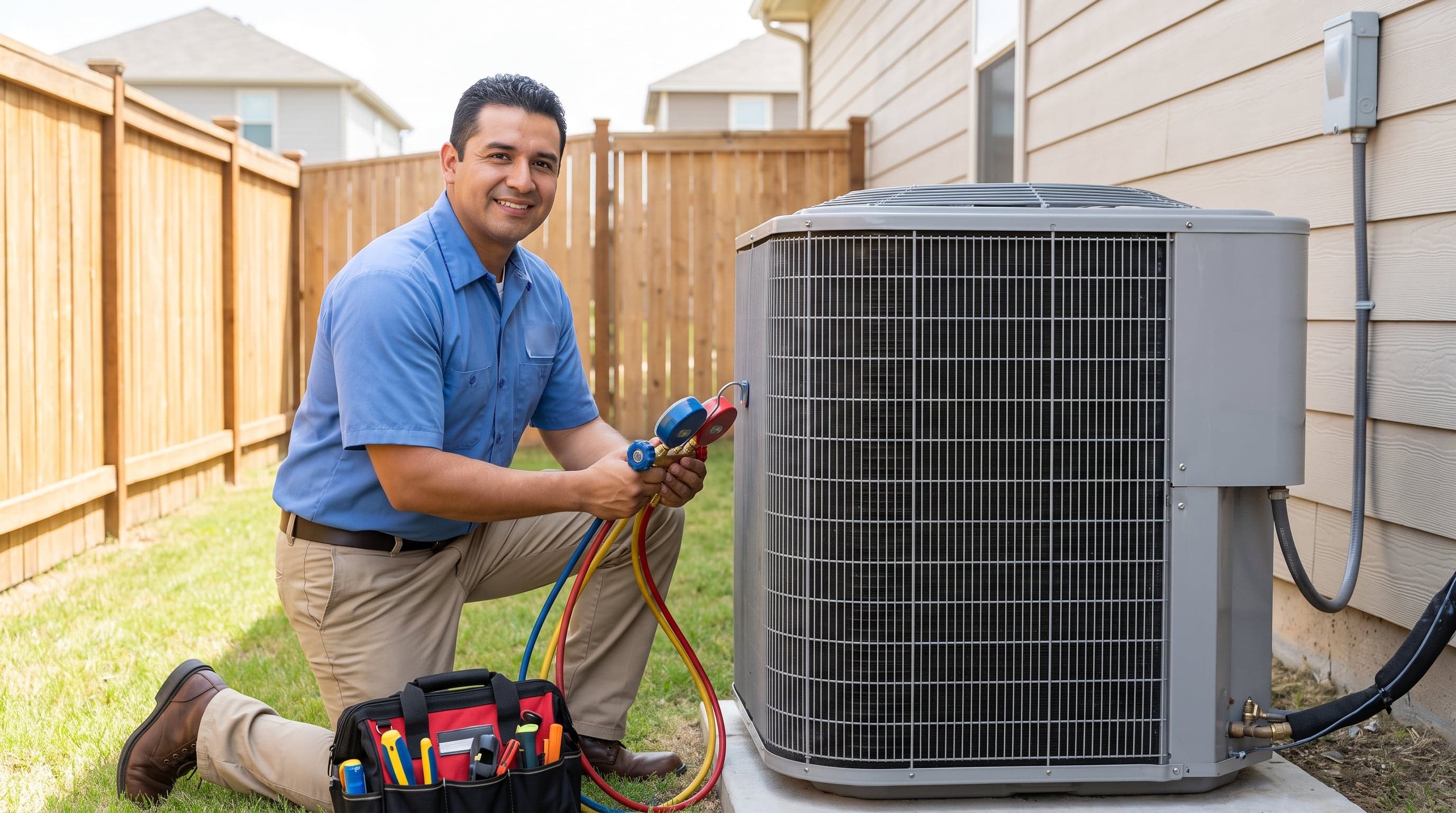 HVAC technician servicing an outdoor air conditioning unit