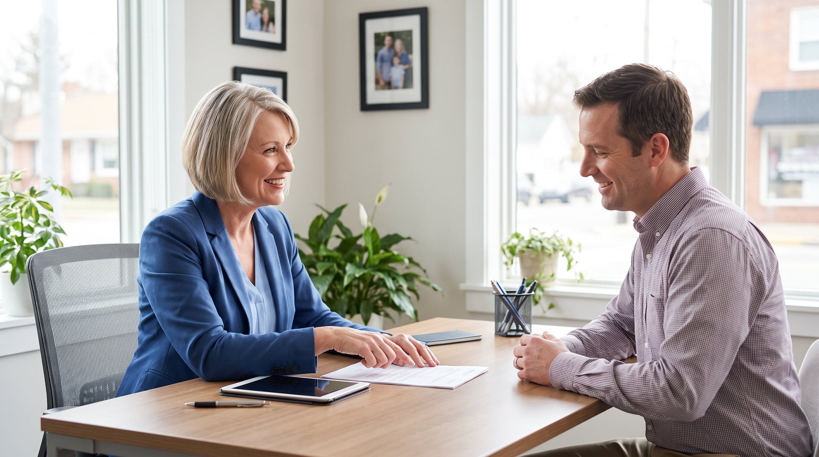 Insurance agent talking with a client at a desk