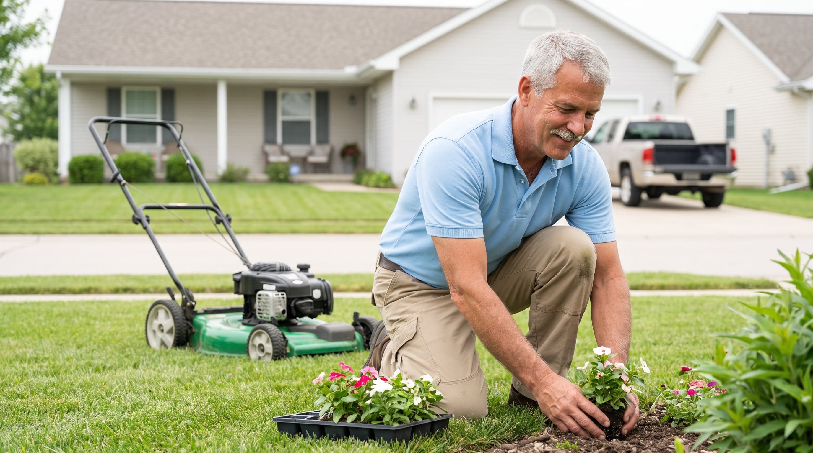 Landscaper mowing a green lawn in front of a house