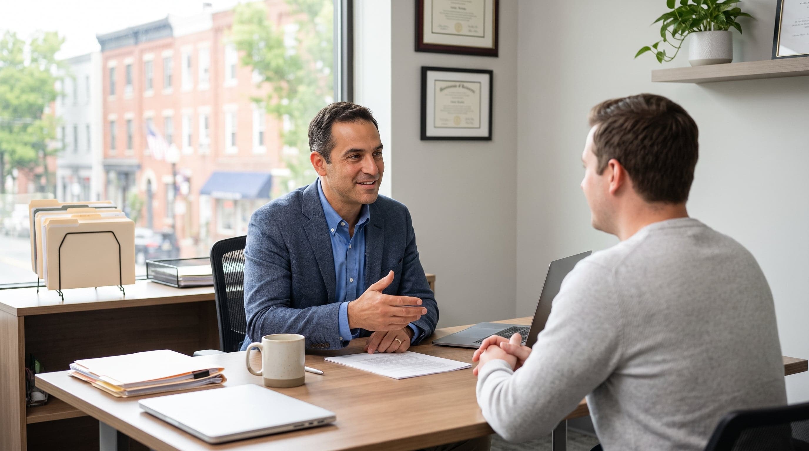 Attorney meeting with a client in an office