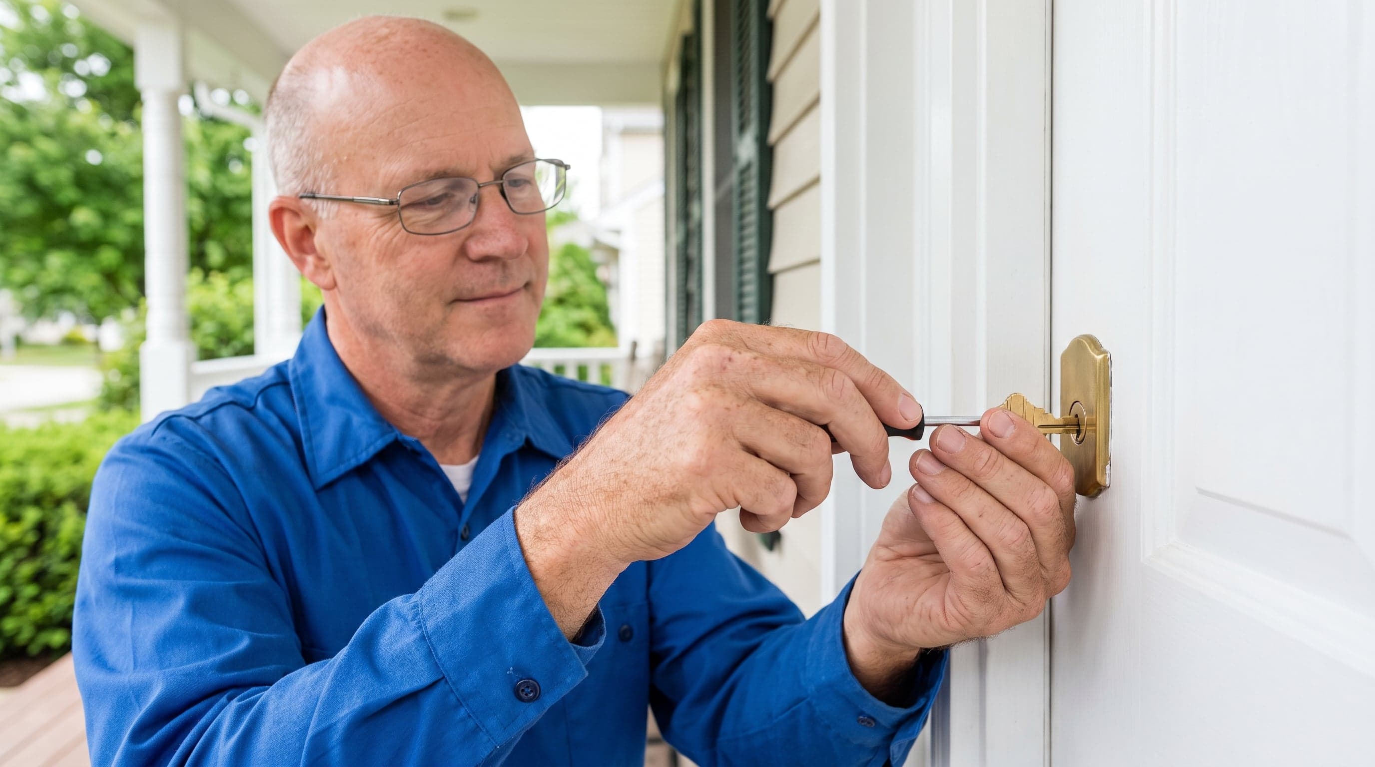 Locksmith rekeying a front door lock