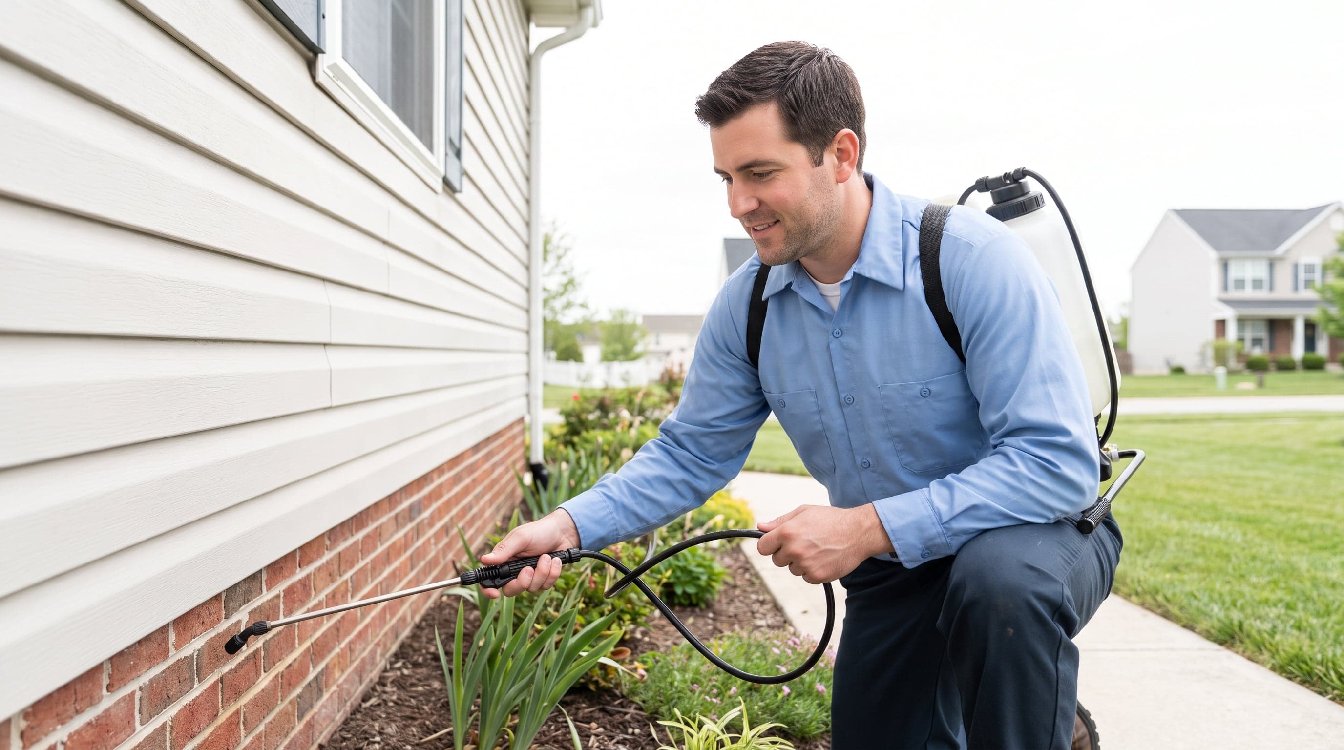 Pest control technician inspecting the outside of a home