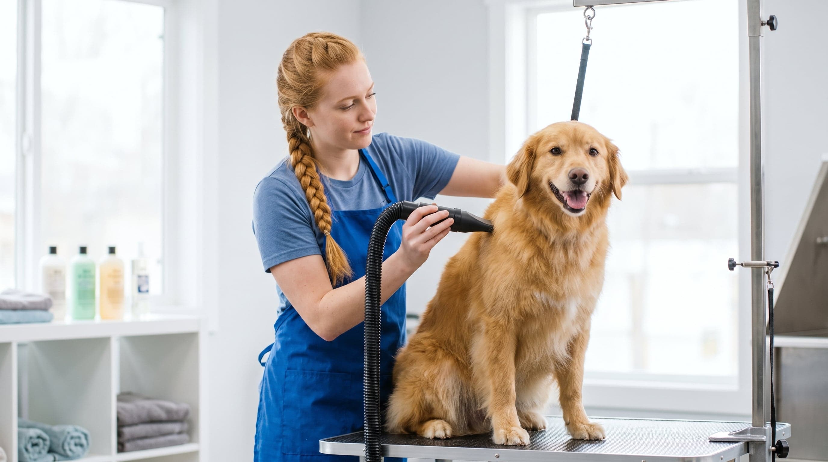 Groomer trimming a dog on a grooming table