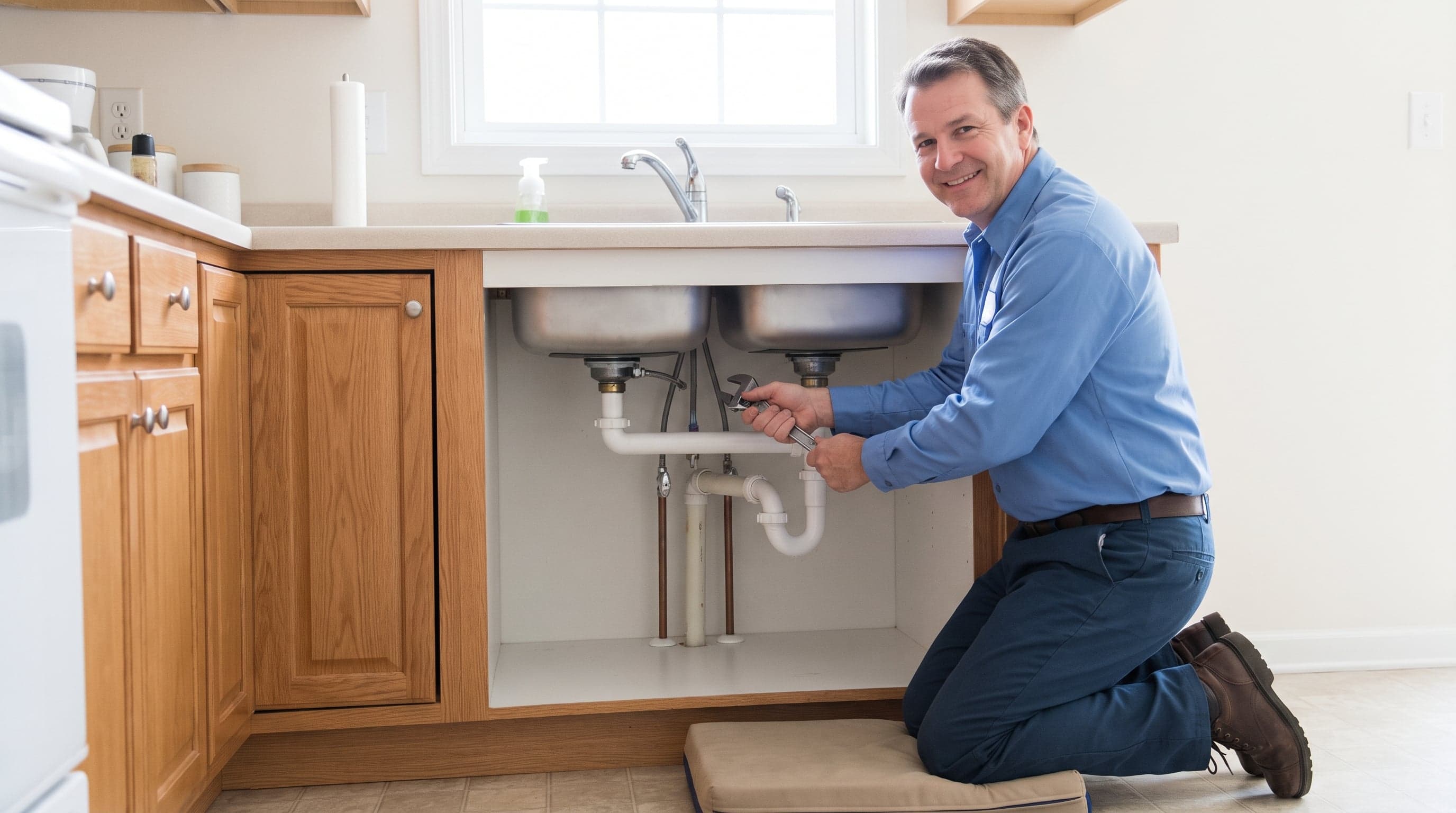 Plumber fixing pipes under a kitchen sink