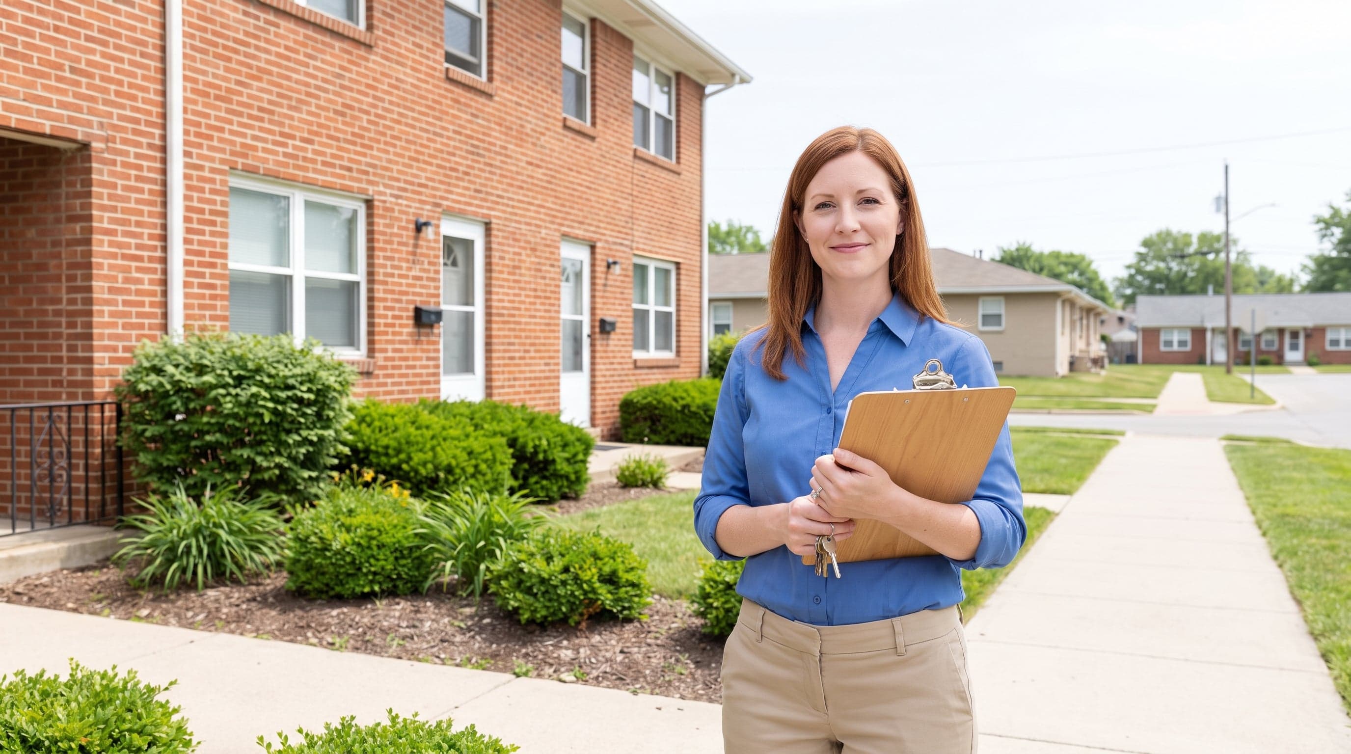 Property manager meeting a tenant outside an apartment building