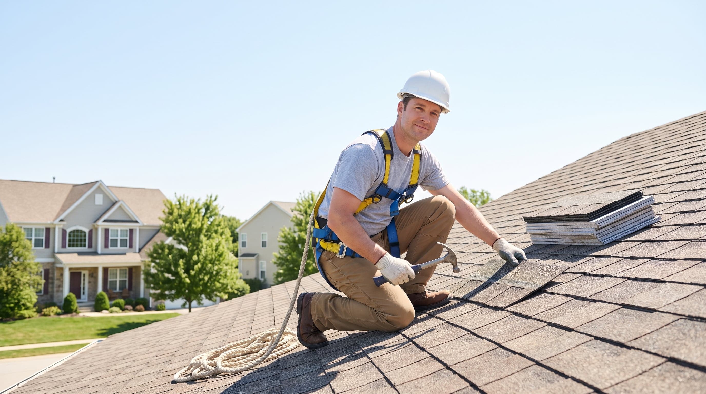 Roofer installing shingles on a residential roof