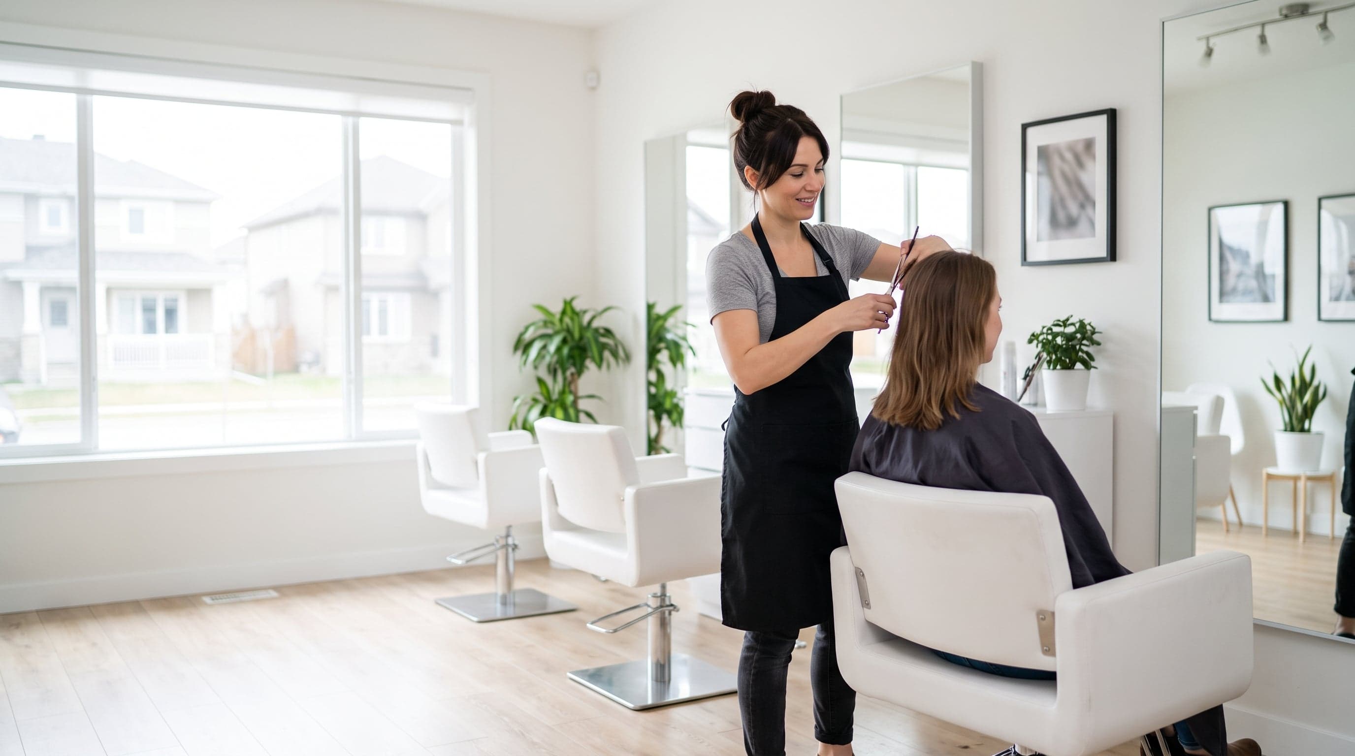 Hair stylist cutting a client’s hair in a salon