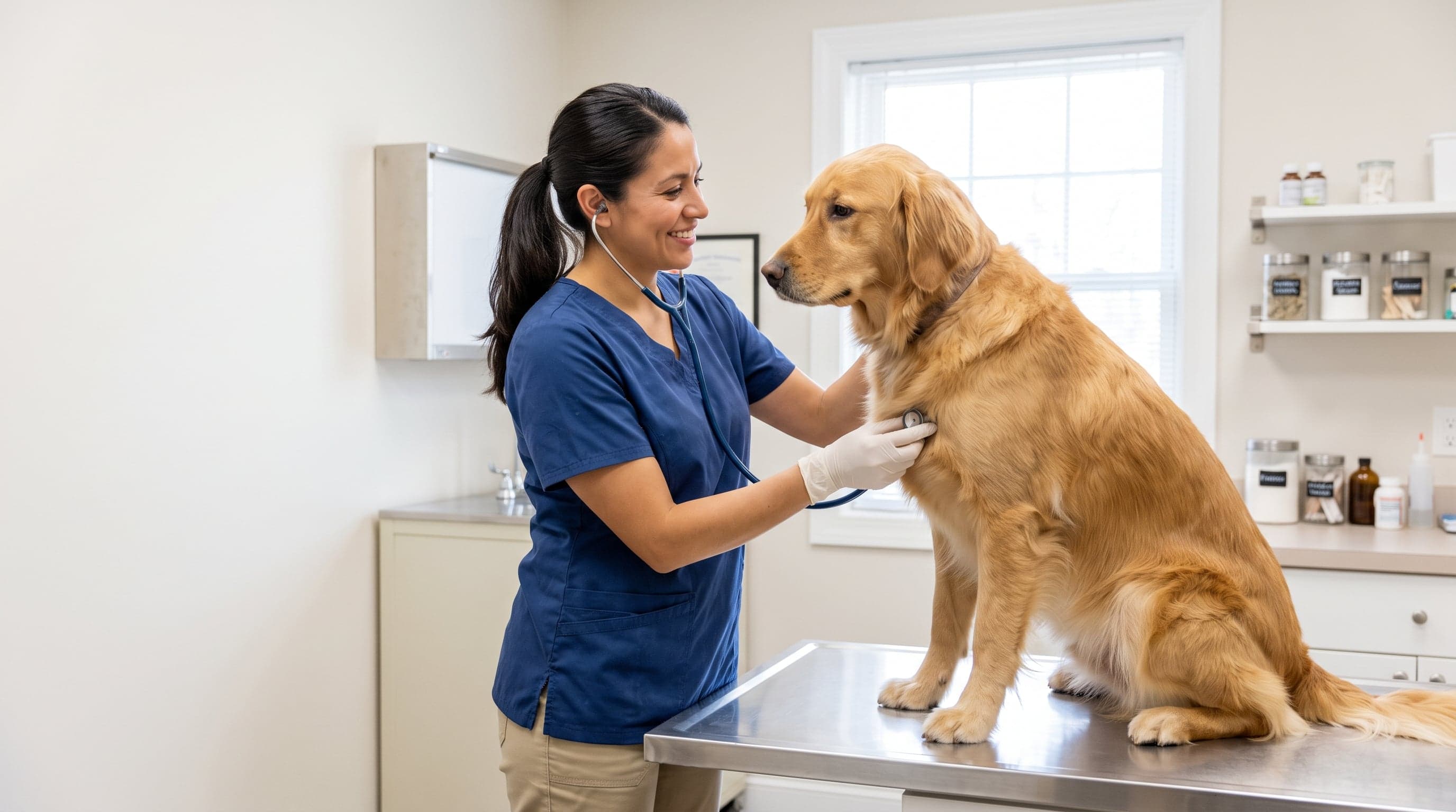 Veterinarian examining a dog in an exam room